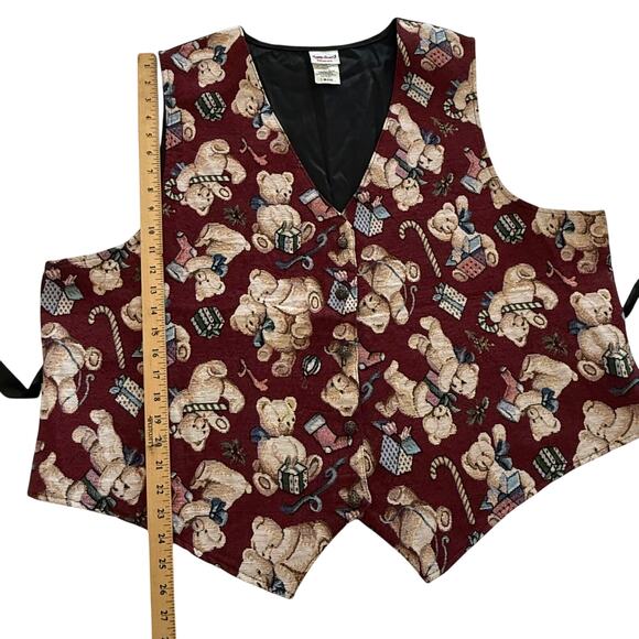 Bobbie Brooks Woman Christmas Teddy Bear Vest β Burgundy Tapestry Holiday Print - Picture 8 of 13